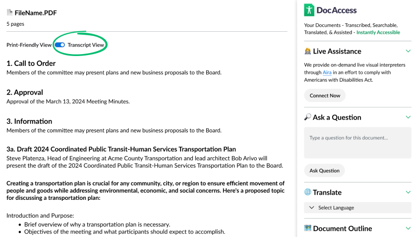 Preview of the DocAccess viewer with the accessible transcript toggle